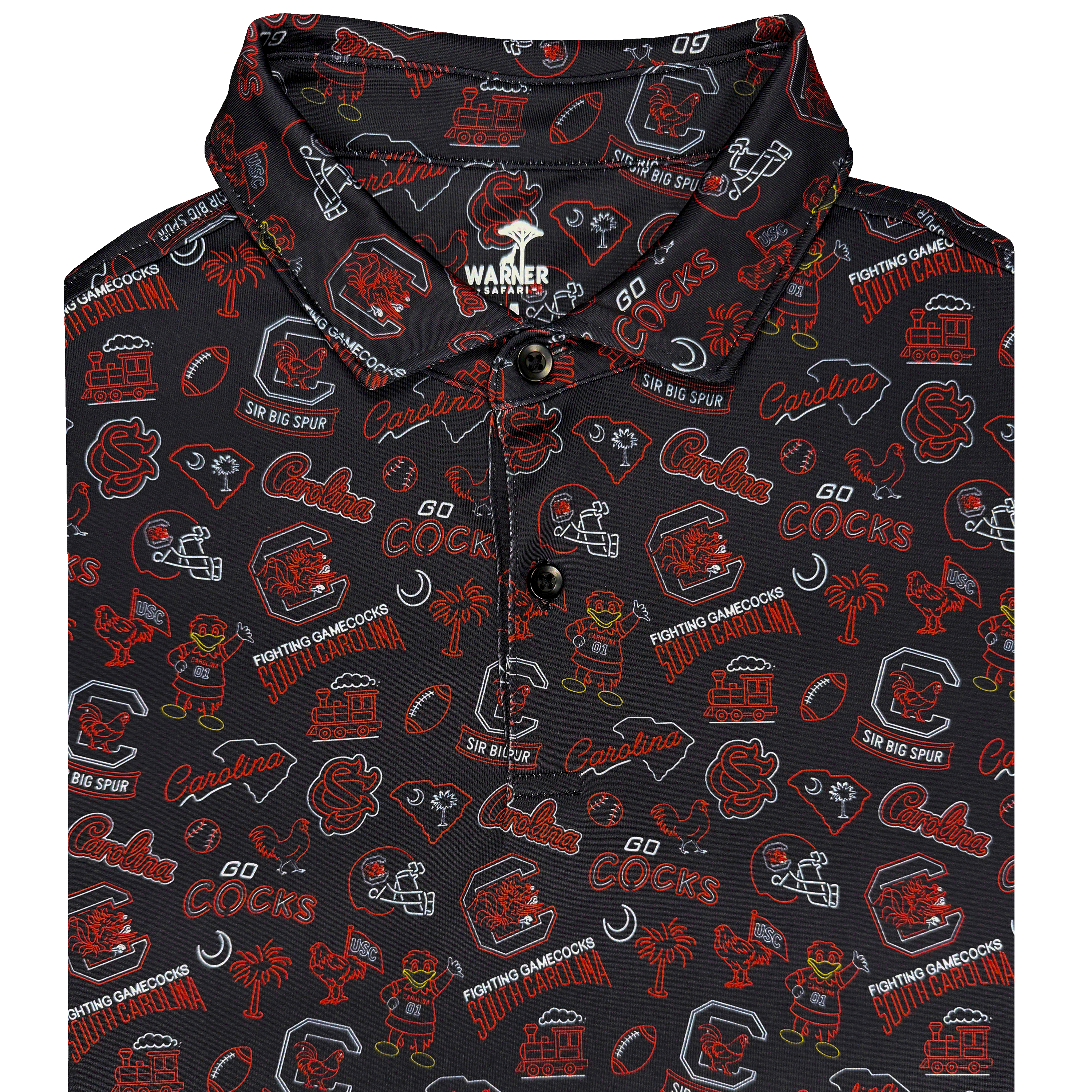 Polo shirt on a plain white background. The shirt features an all-over collegiate-style graphic print in red, white, and black, with the words 'Cocks' and football helmets, and a visible Warner label inside the collar.