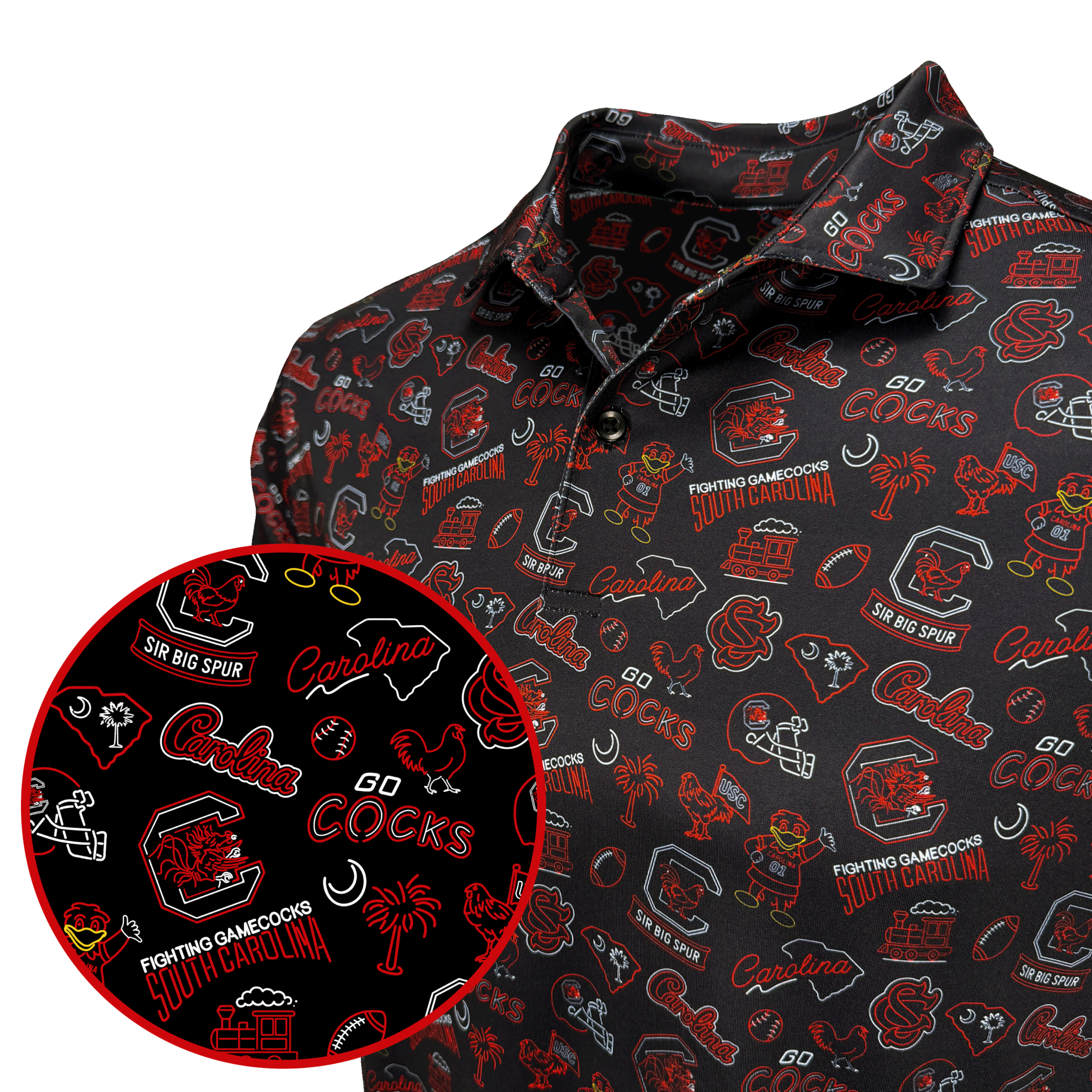 A close-up of a black polo shirt with an all-over red and white South Carolina Cocks themed graphic print, featuring a circular inset detail of the pattern.