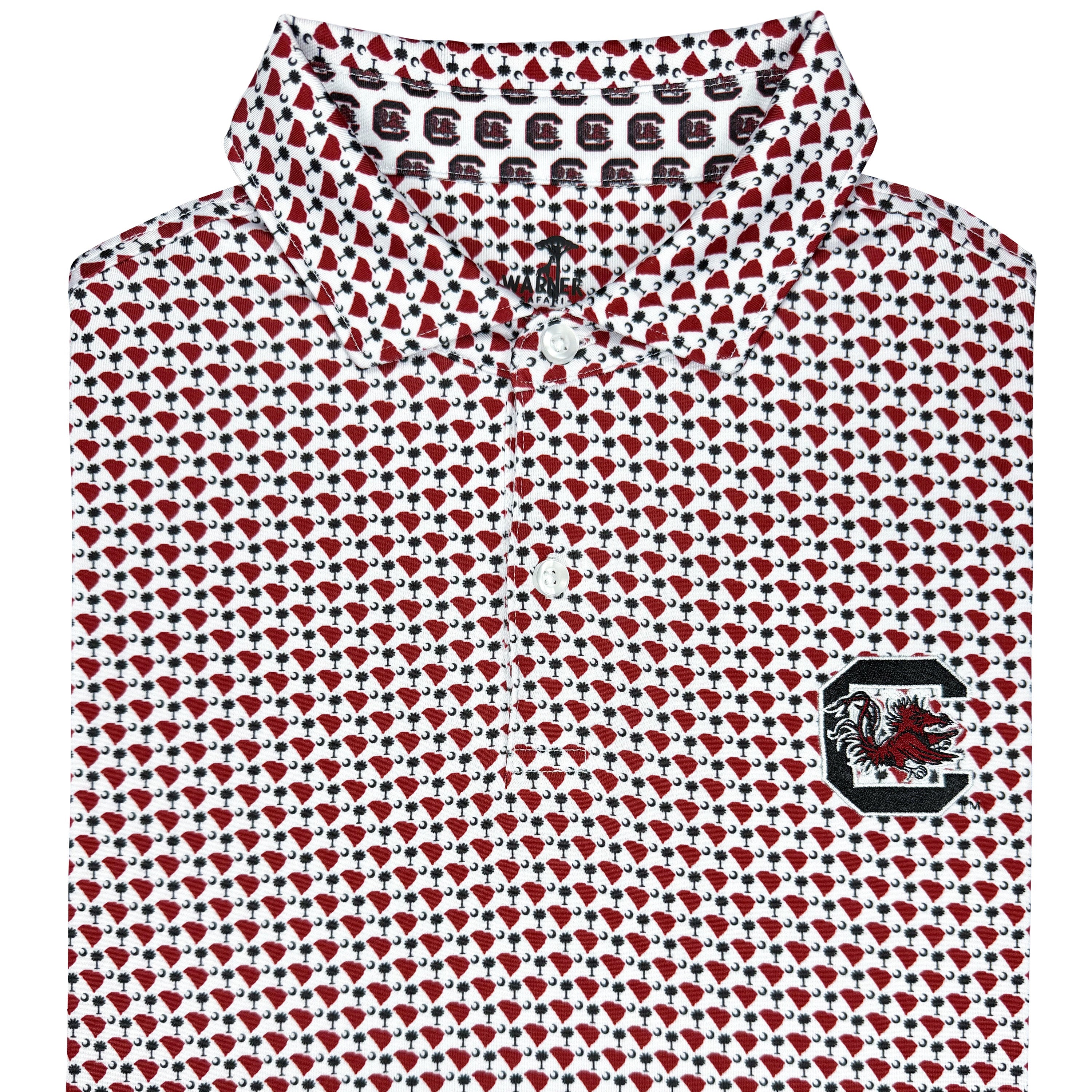 Polo shirt with red and black pattern on a white background