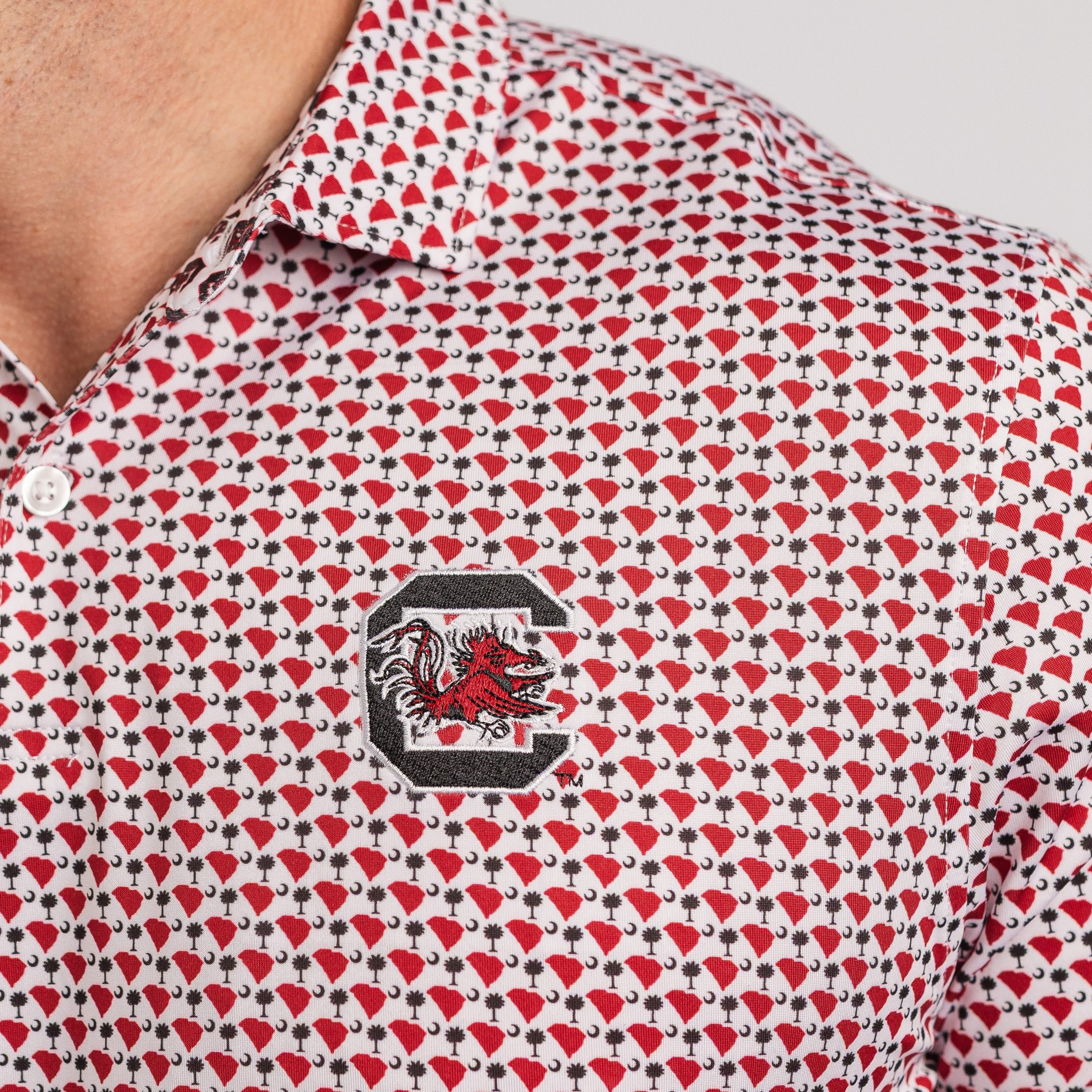 Close-up of a patterned shirt with a logo on a plain background