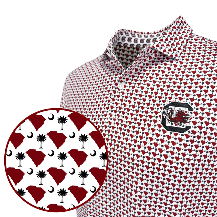 Polo shirt with red and black pattern and logo on a white background
