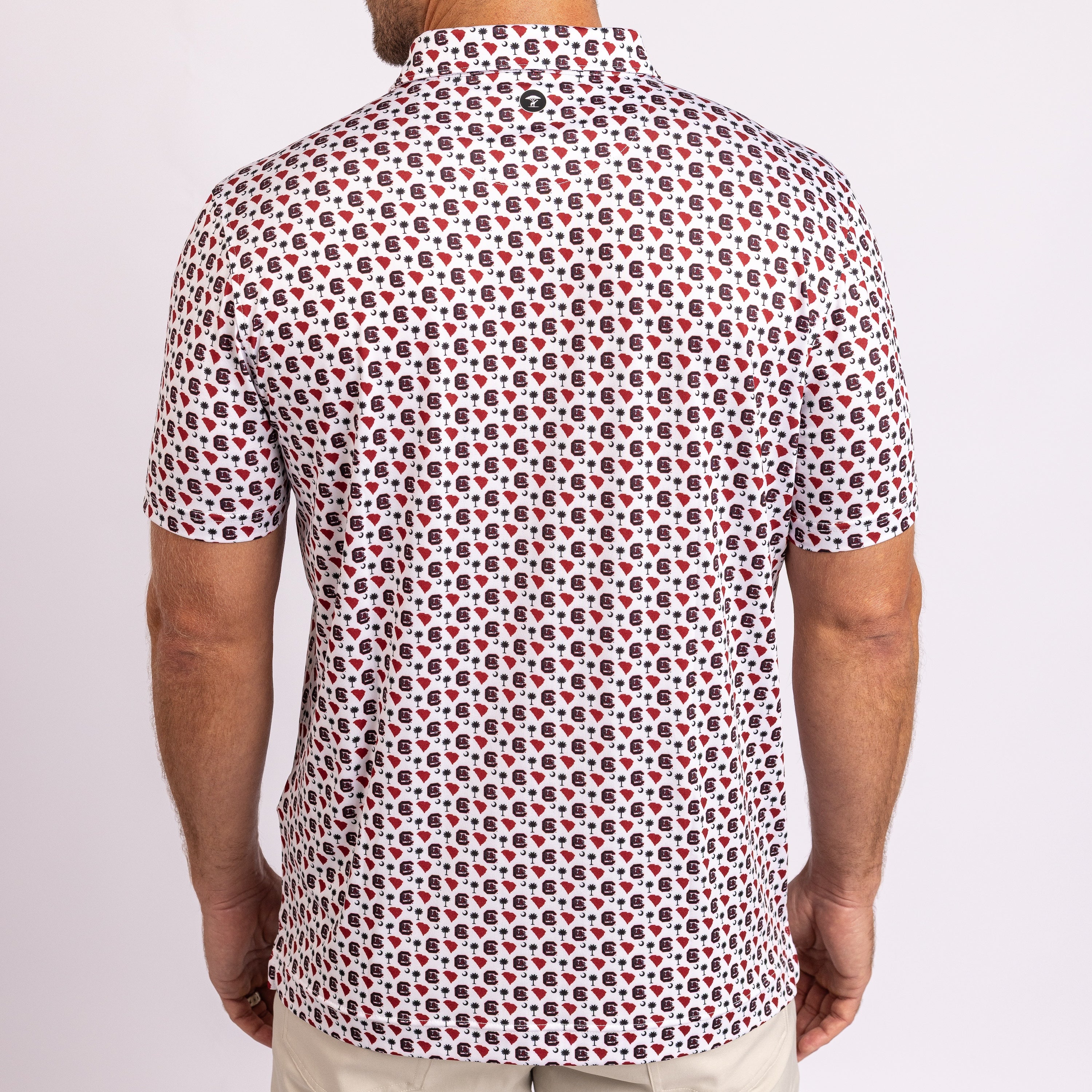 A man viewed from the back wearing a short-sleeve button-up shirt.