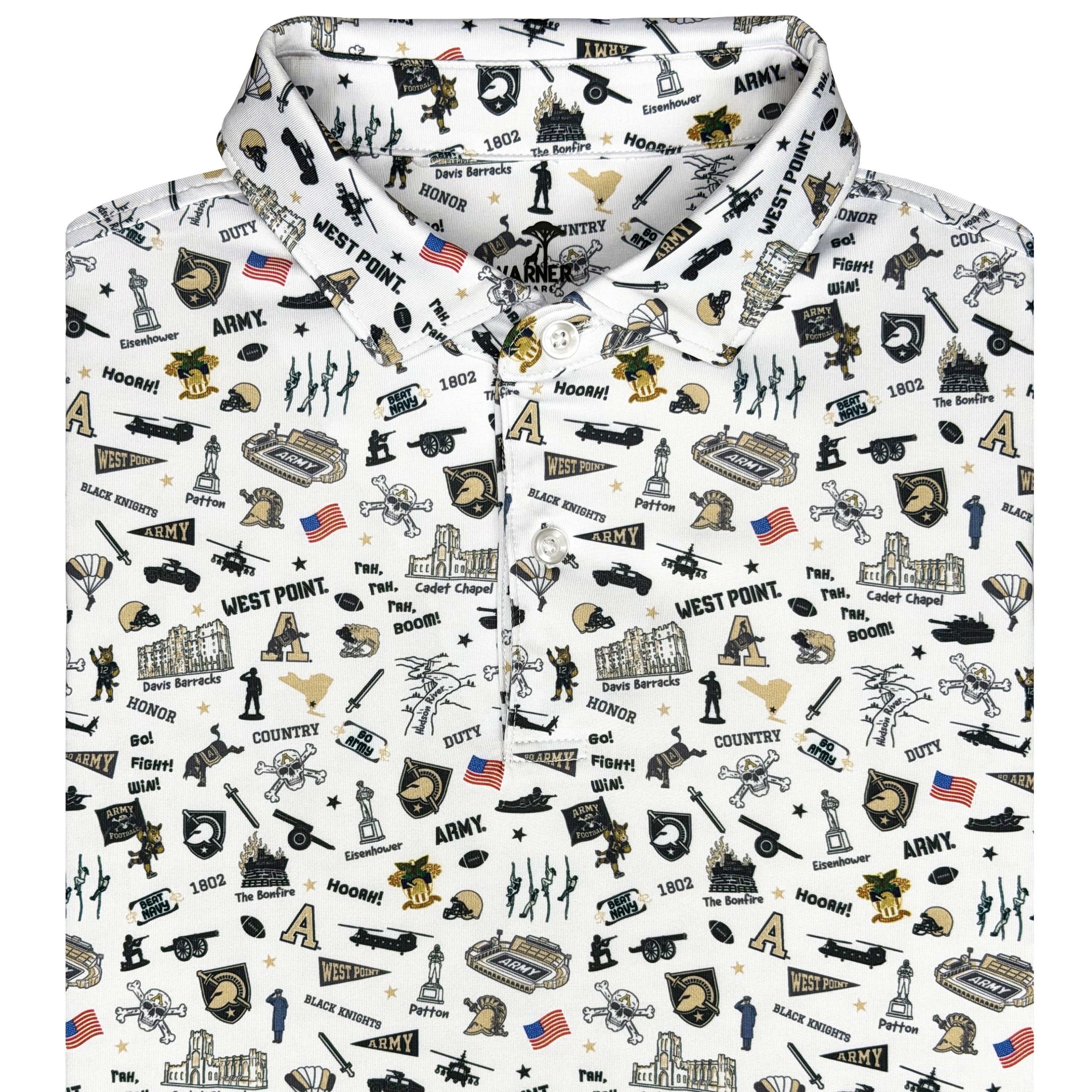 A white long-sleeve button-down shirt with an all-over military-themed graphic print featuring West Point, Army, and Air Force insignia, silhouettes, and text on a plain white background.