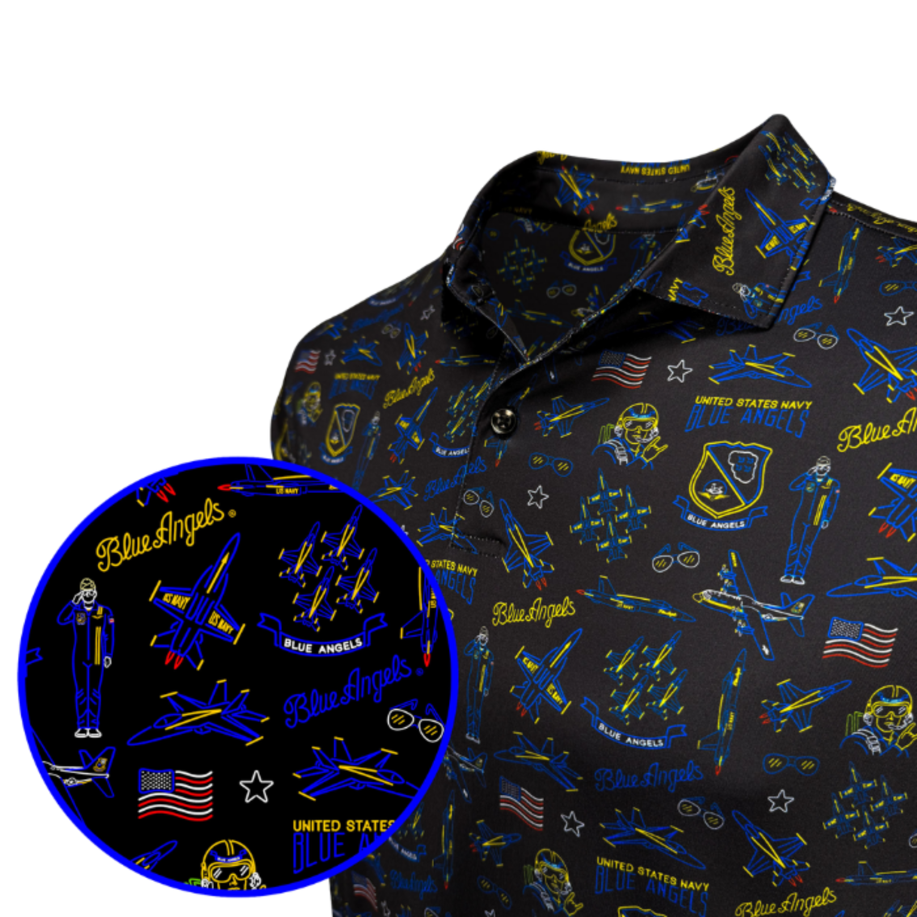 A men's short-sleeve button-up shirt with a black base and a detailed blue and yellow United States Navy / Blue Angels pattern, featuring an inset circle showing a close-up of the pattern.