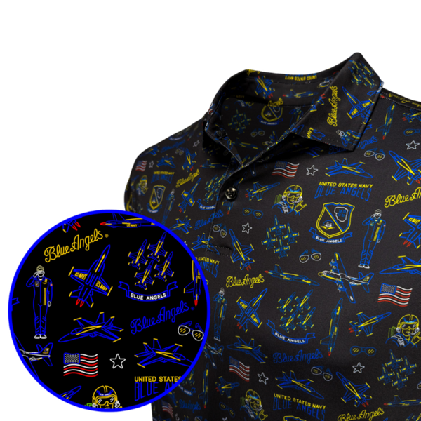 A men's short-sleeve button-up shirt with a black base and a detailed blue and yellow United States Navy / Blue Angels pattern, featuring an inset circle showing a close-up of the pattern.