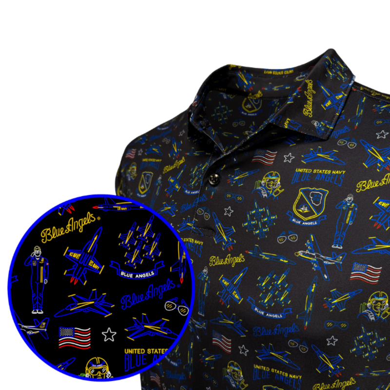 A men's short-sleeve button-up shirt with a black base and a detailed blue and yellow United States Navy / Blue Angels pattern, featuring an inset circle showing a close-up of the pattern.
