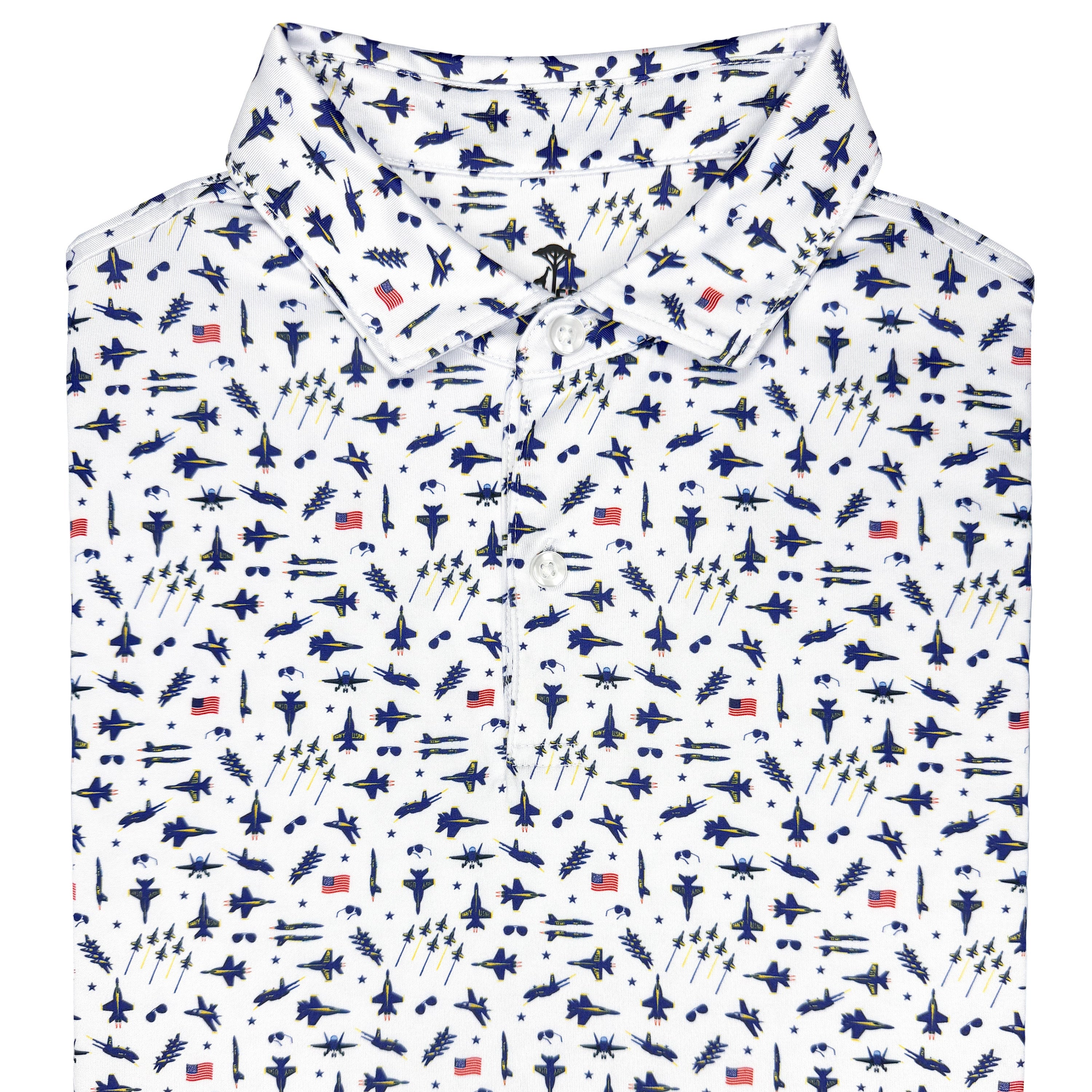 White shirt with blue and red pattern on a white background