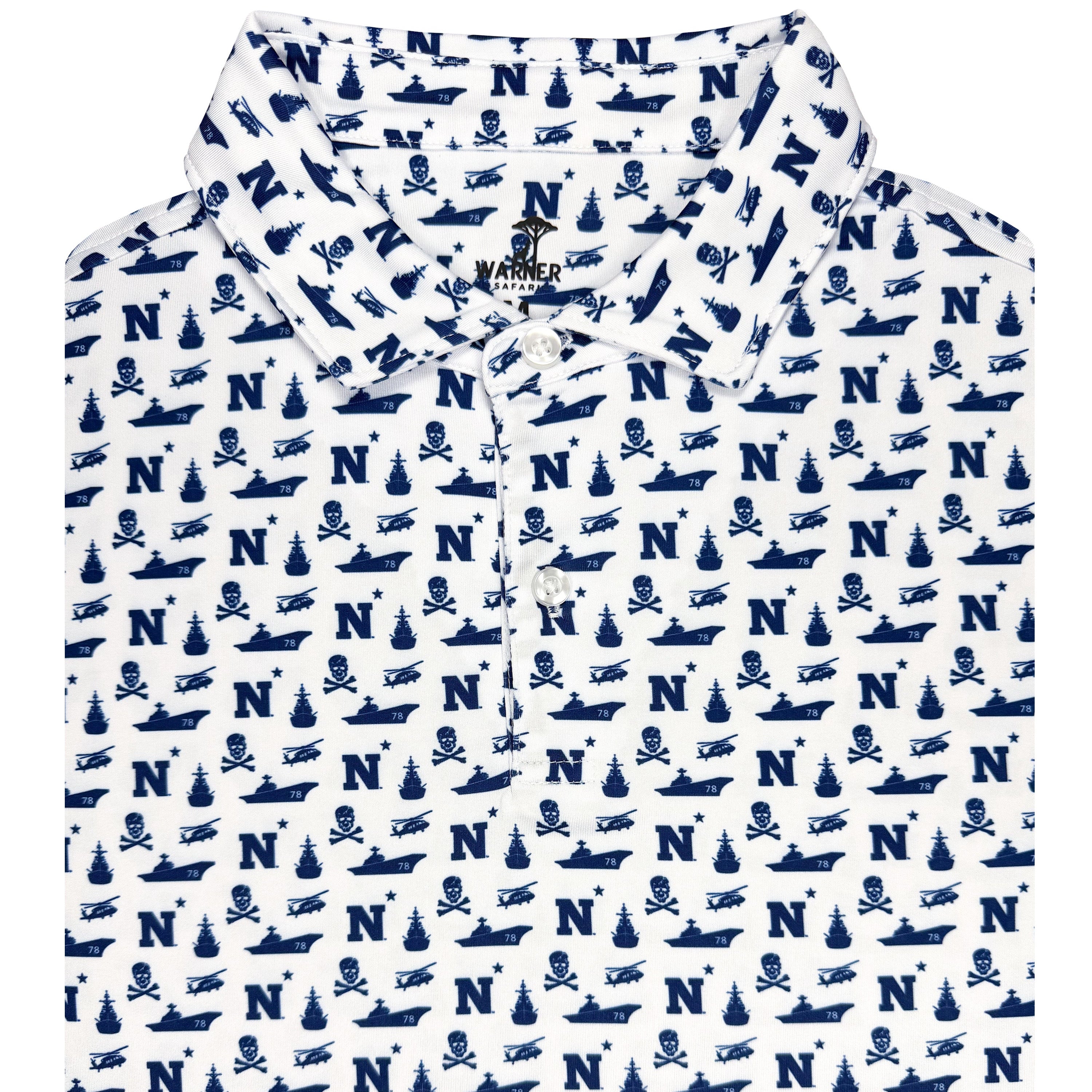 Polo with navy blue nautical pattern on a white background