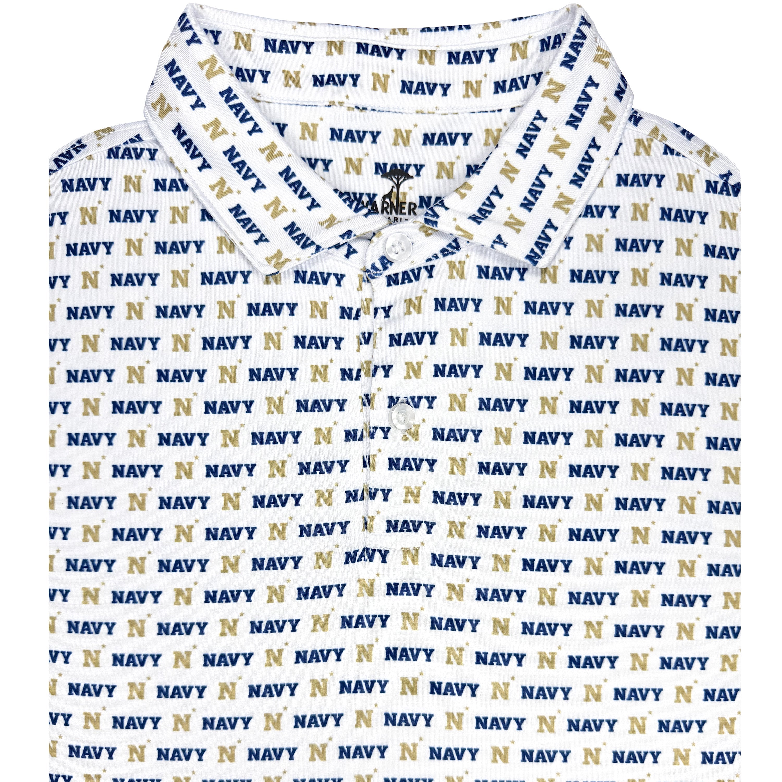 A white short-sleeve collared shirt with an all-over Navy print, featuring the word 'NAVY' repeated in blue and gold.