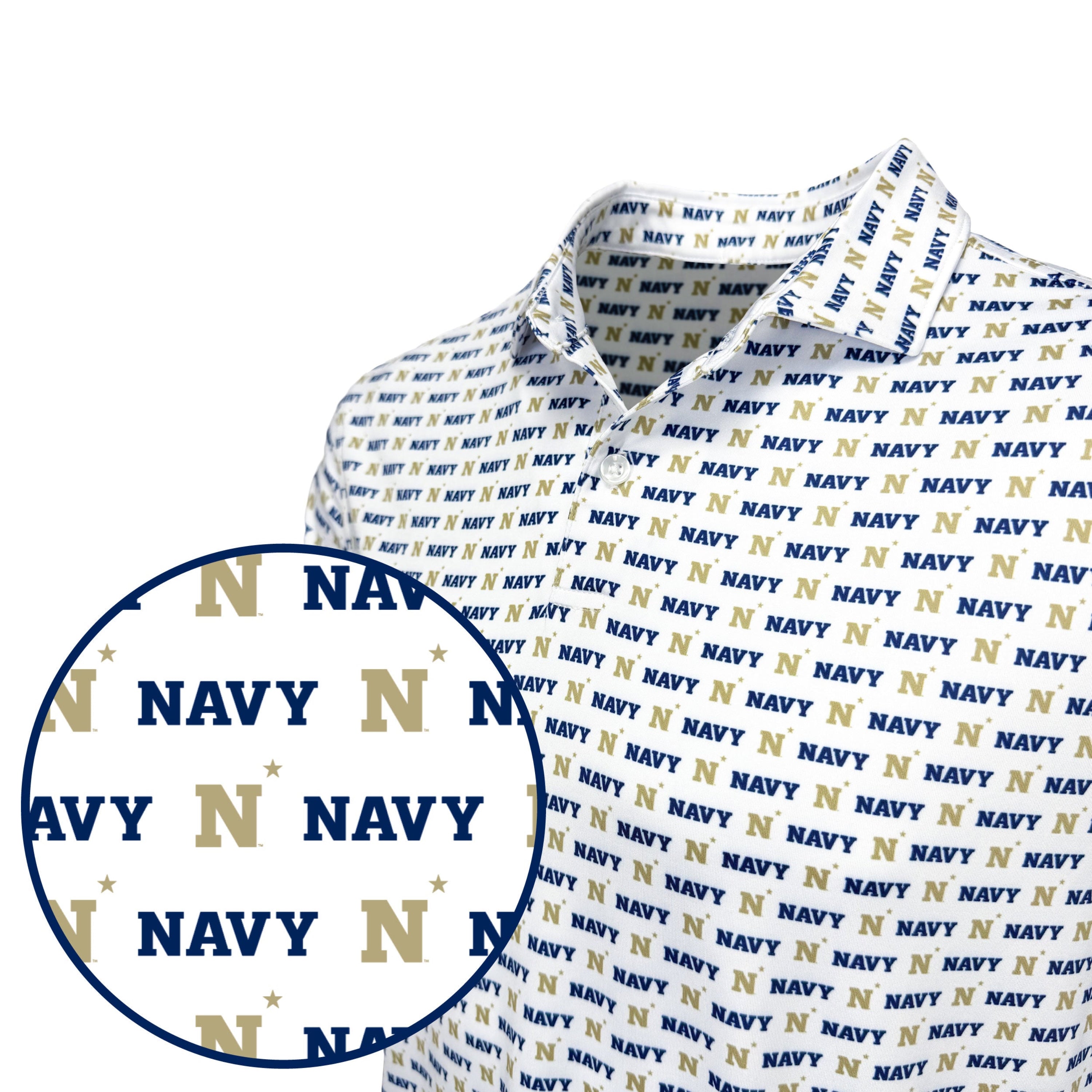 White shirt with 'Navy' text pattern on a white background