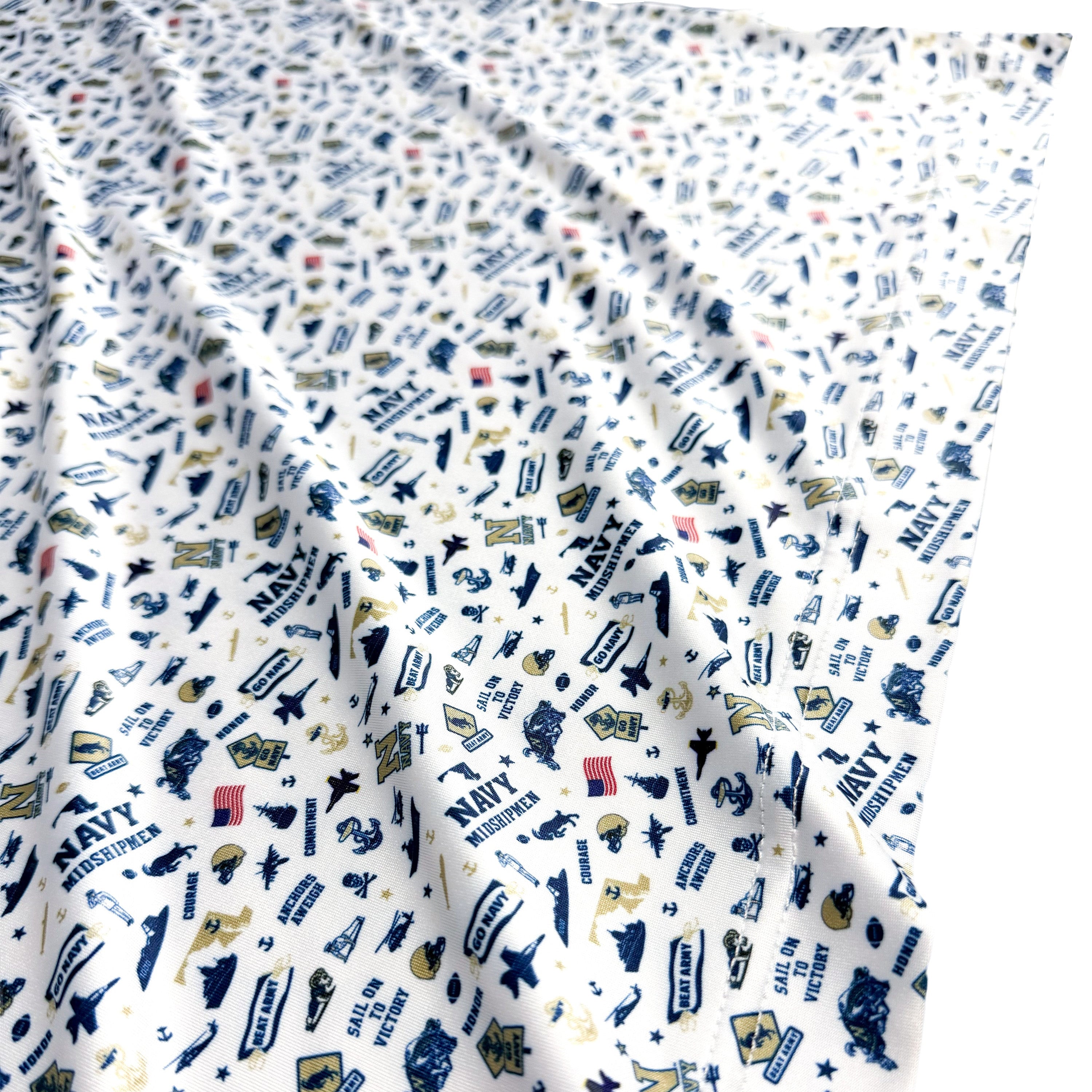 Navy-themed fabric with logos and text on a white background