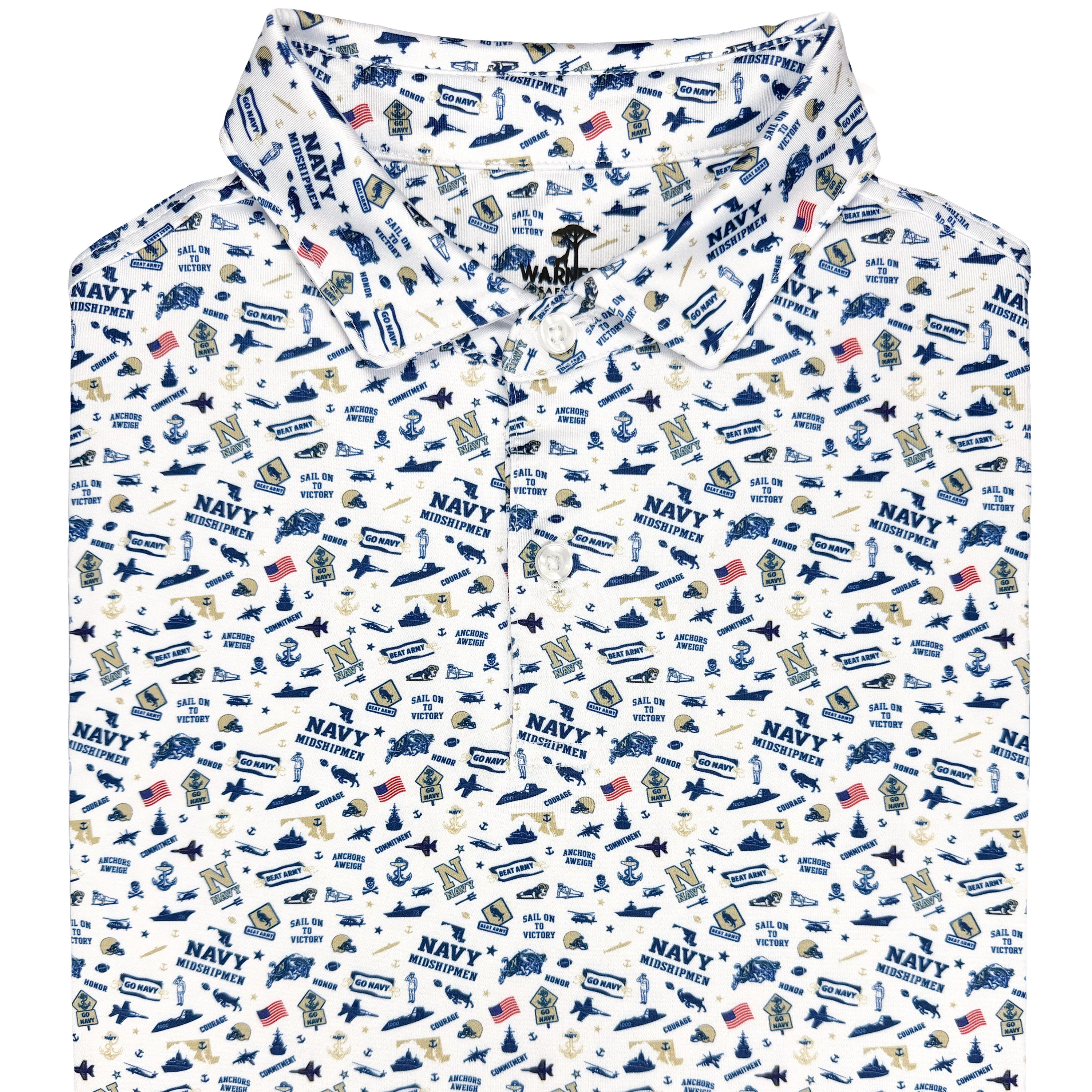 Navy-themed patterned shirt on a white background