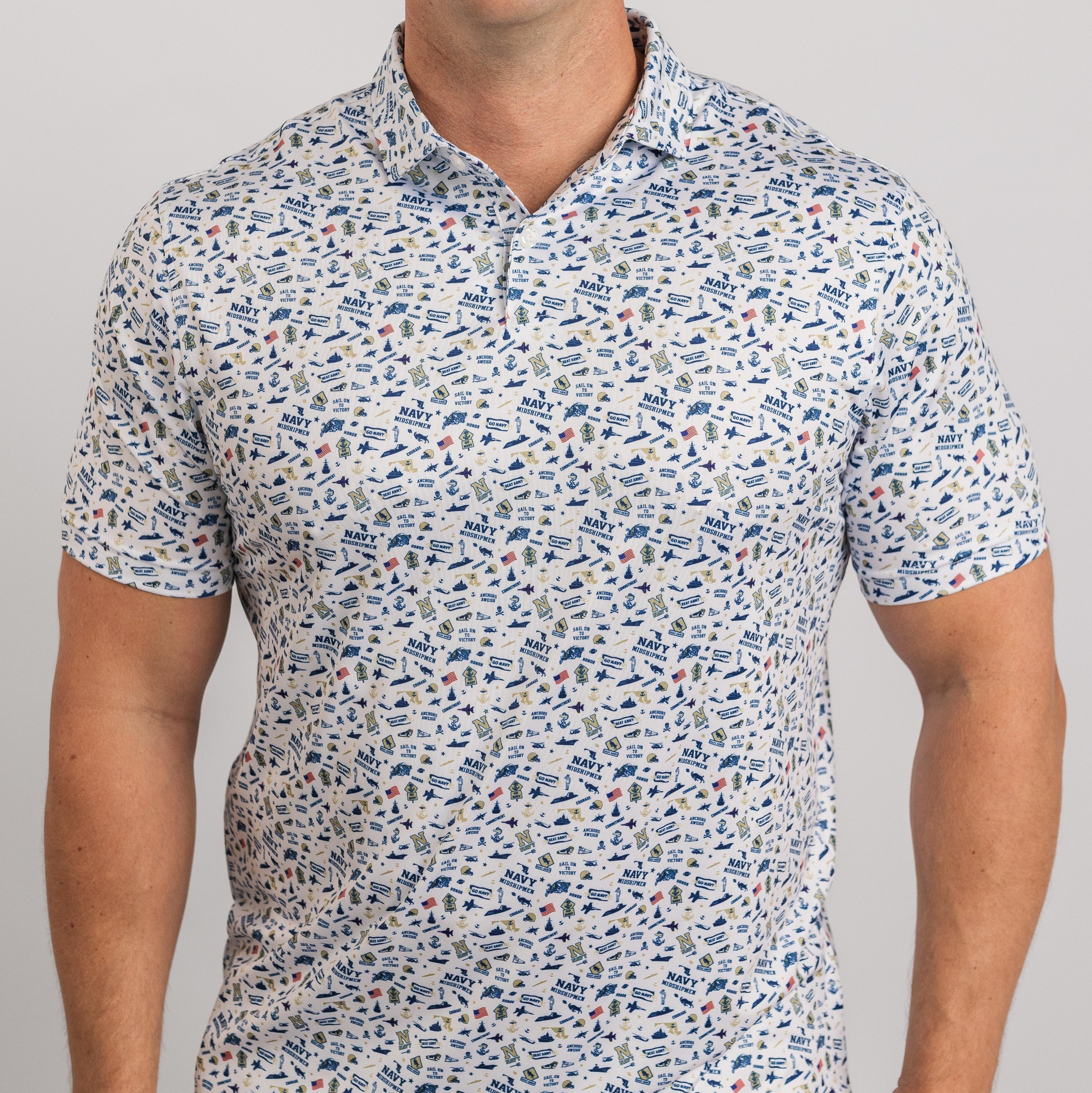 Man wearing a short-sleeve shirt with a pattern on a gray background