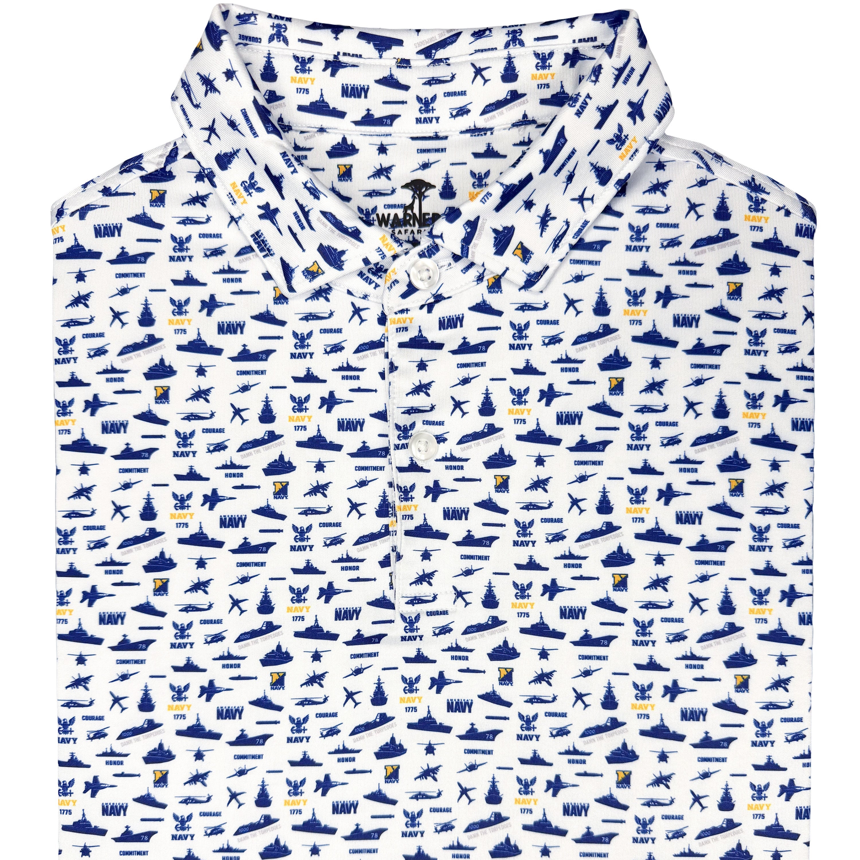 Polo with blue and yellow pattern on a white background