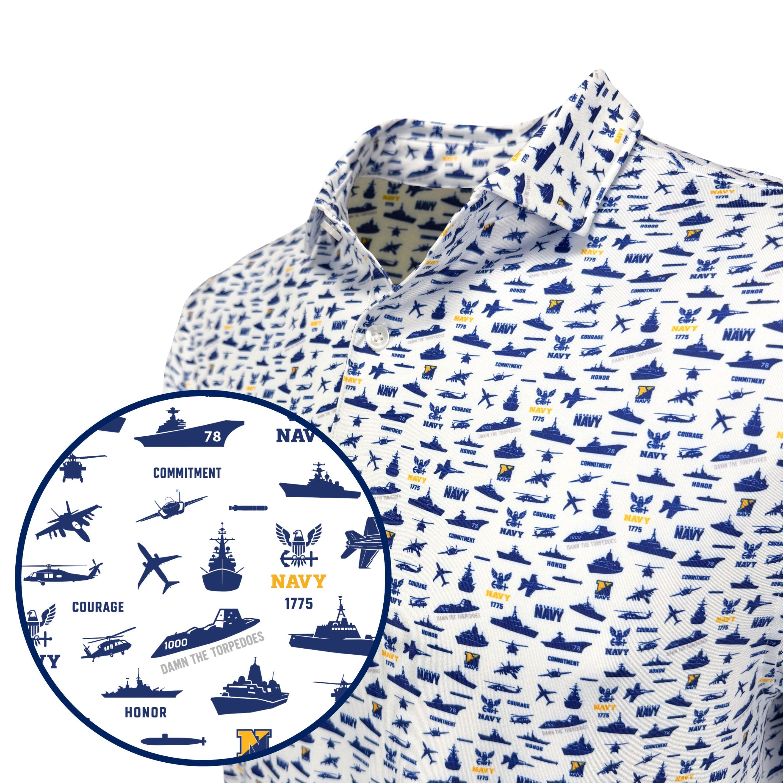 Navy-themed polo shirt with military vehicle pattern on a white background