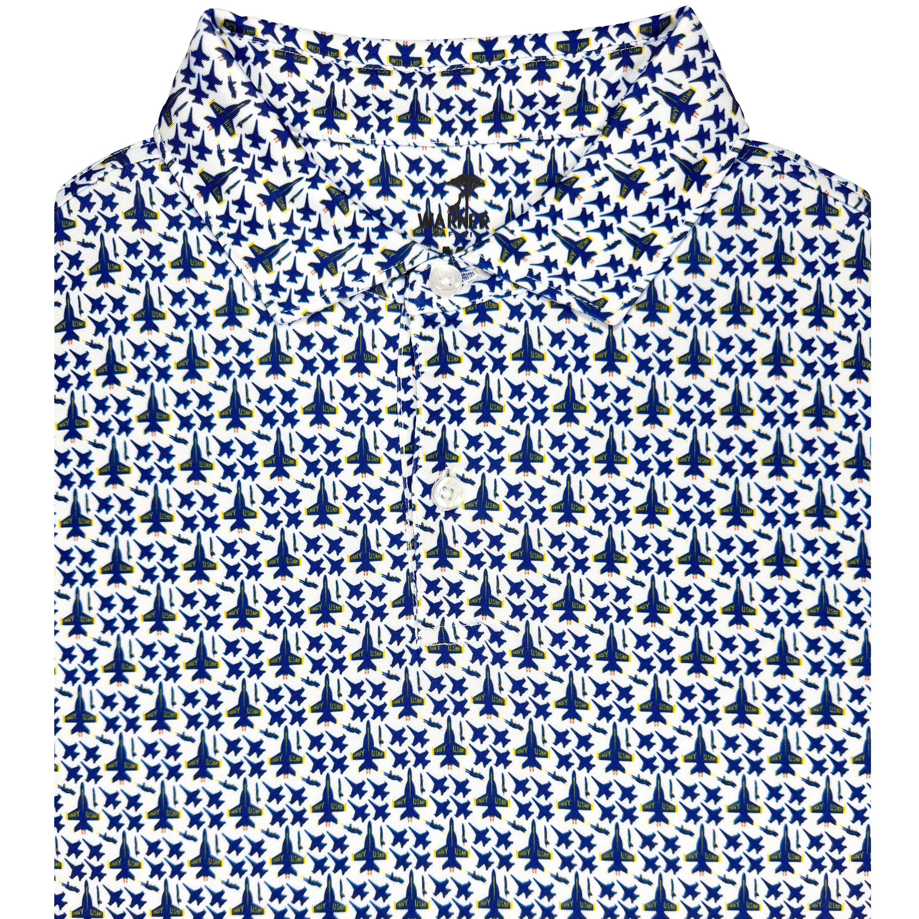 Patterned shirt with blue and white design on a white background
