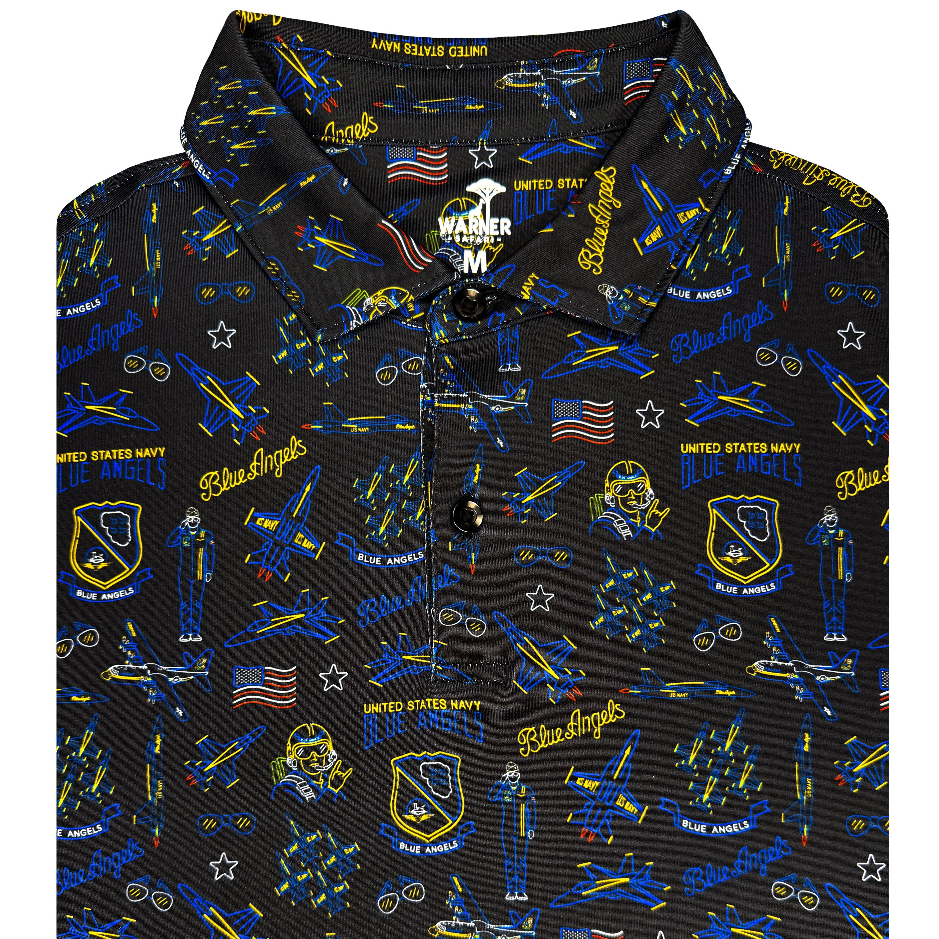 Black polo with colorful navy-themed graphics and text
