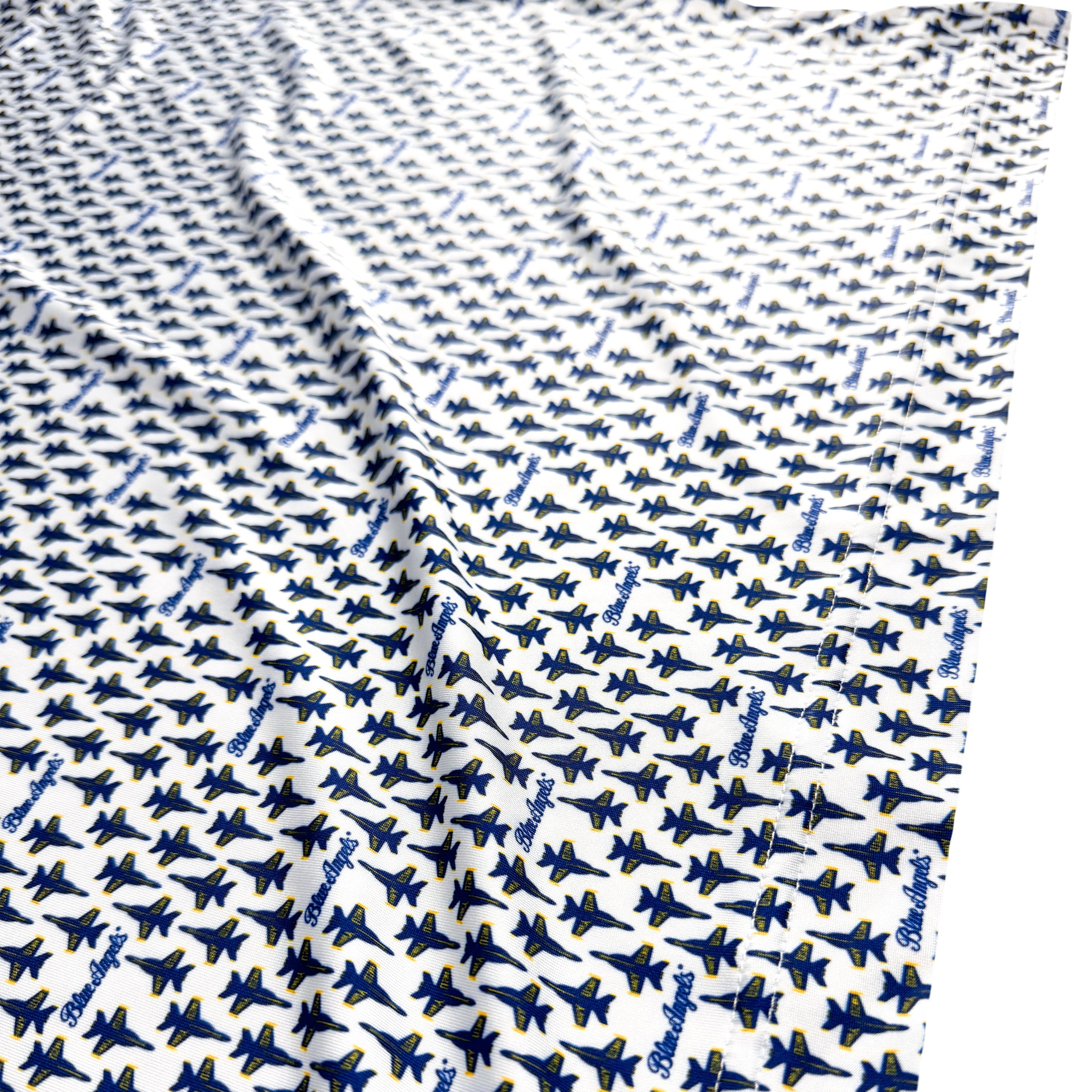 A white fabric scarf or bandana featuring a repeating pattern of blue fighter jets and diagonal blue.