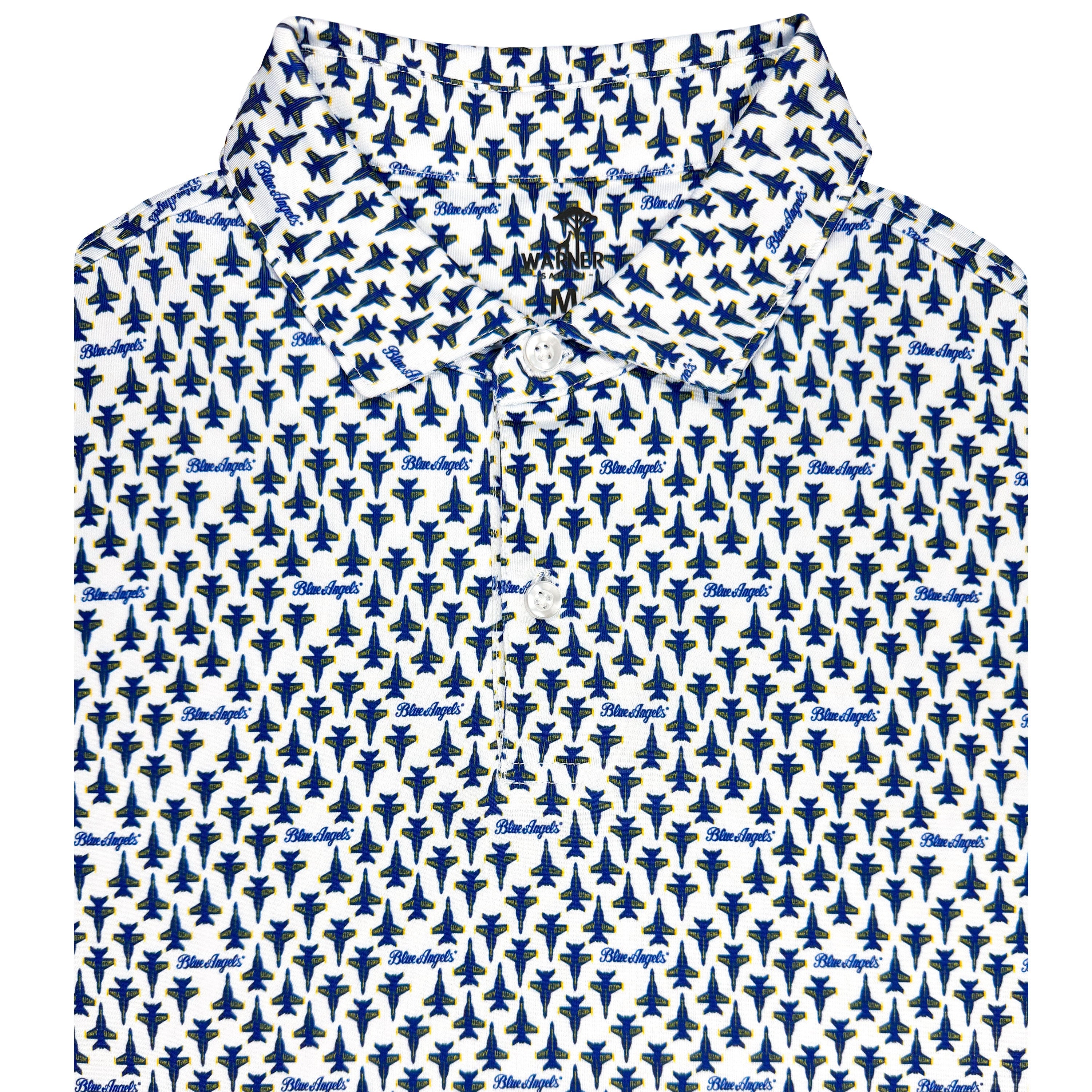 Blue and white patterned shirt on a white background