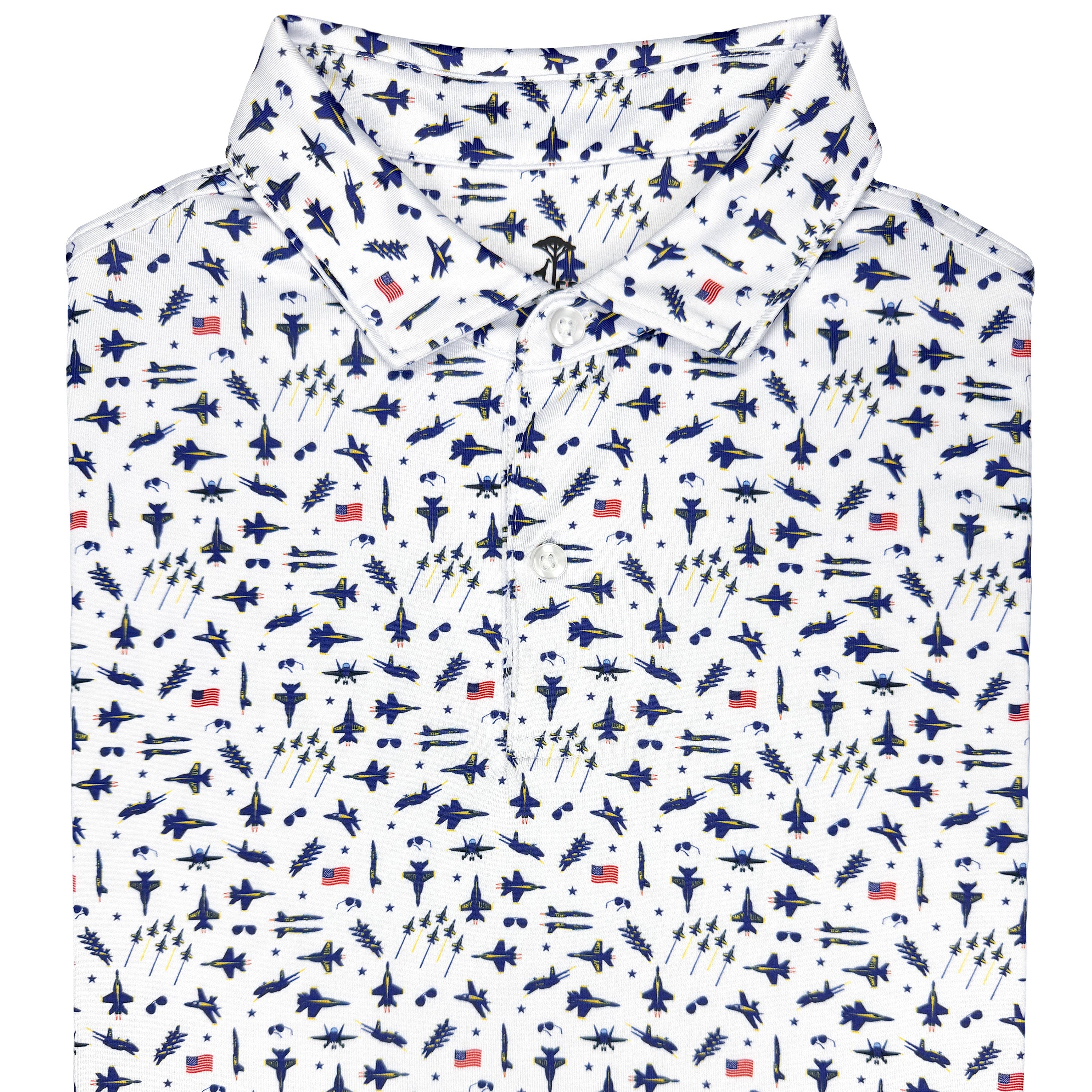 White shirt with blue and red pattern on a white background