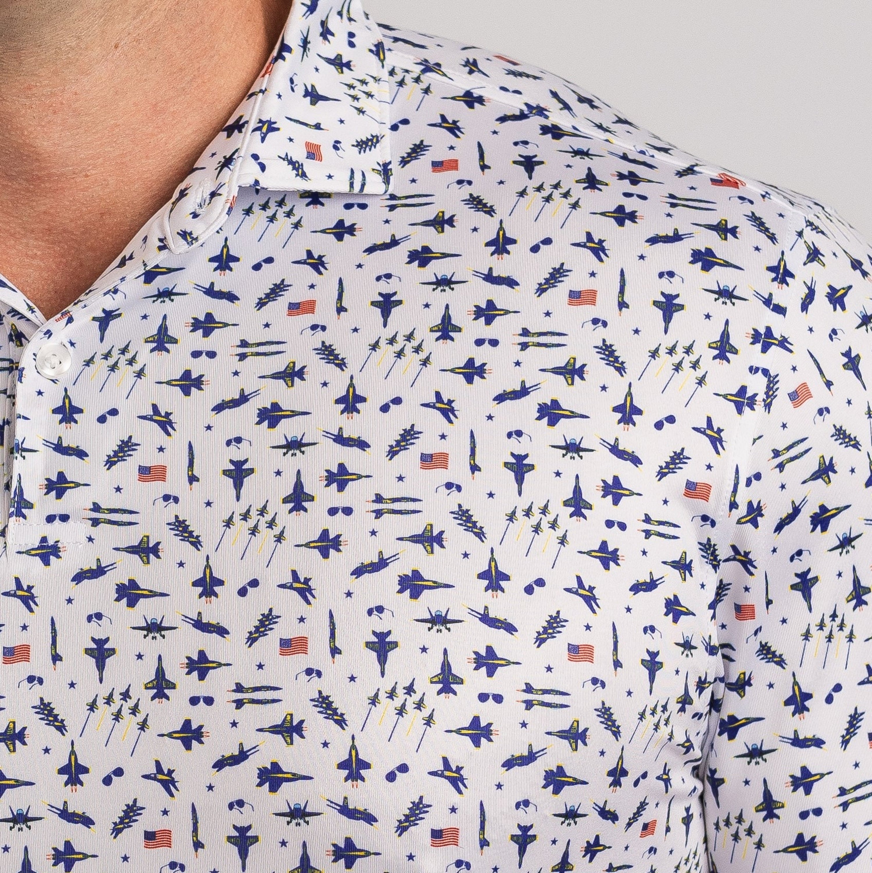 Close-up of a shirt with military airplane pattern