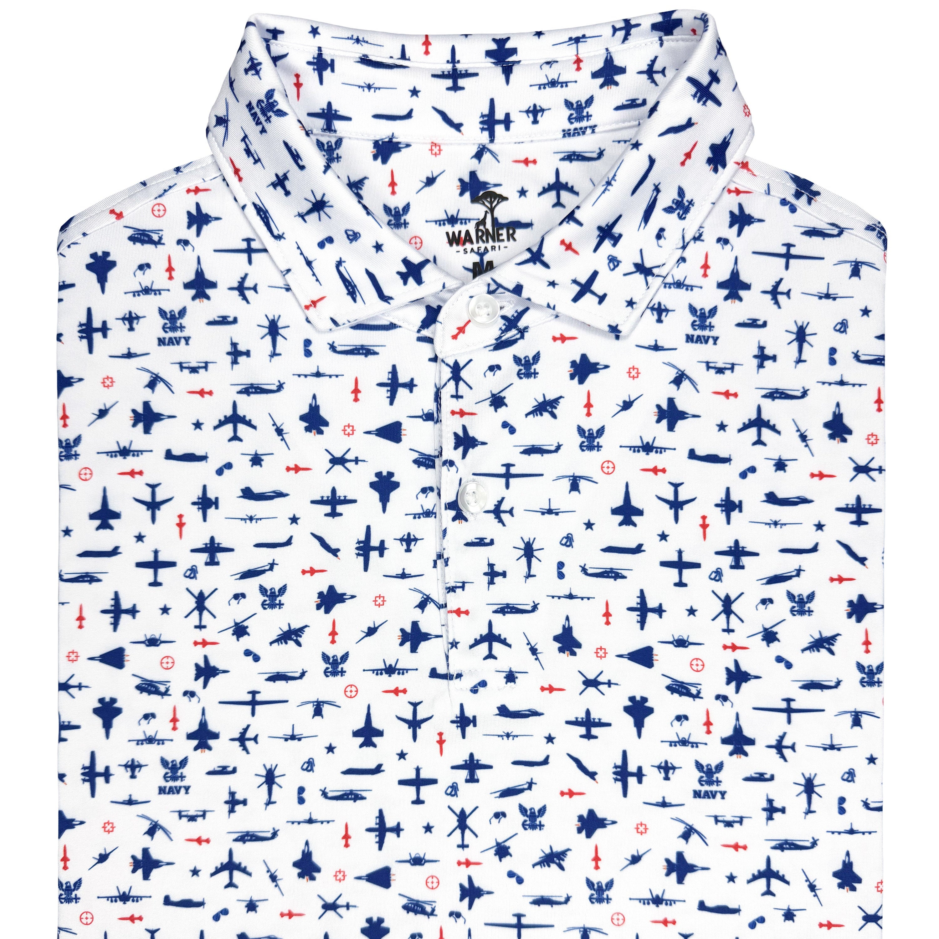 Polo shirt with airplane pattern on a white background
