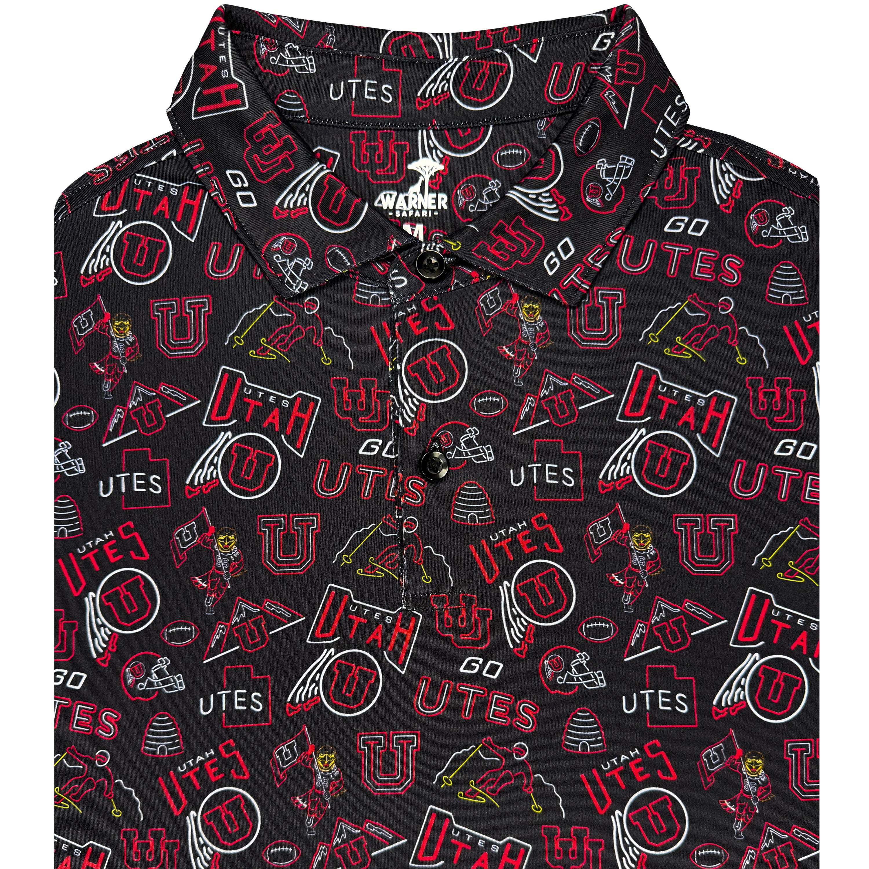 Black polo with Utah Utes pattern on a white background