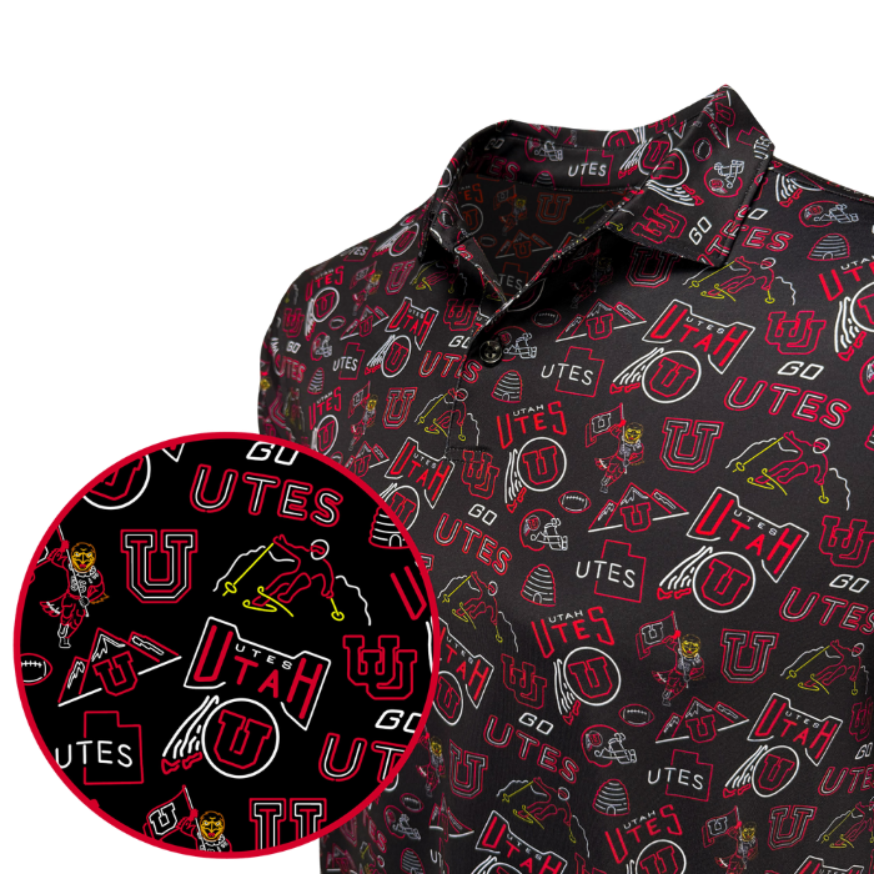A black short-sleeve button-up shirt with an all-over Utah Utes themed print.