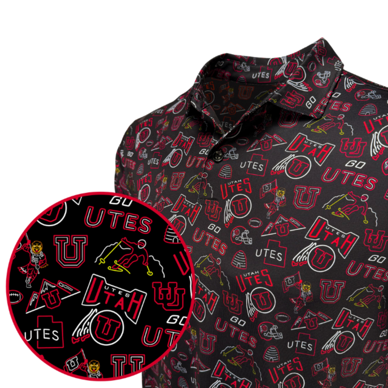 A black short-sleeve button-up shirt with an all-over Utah Utes themed print.