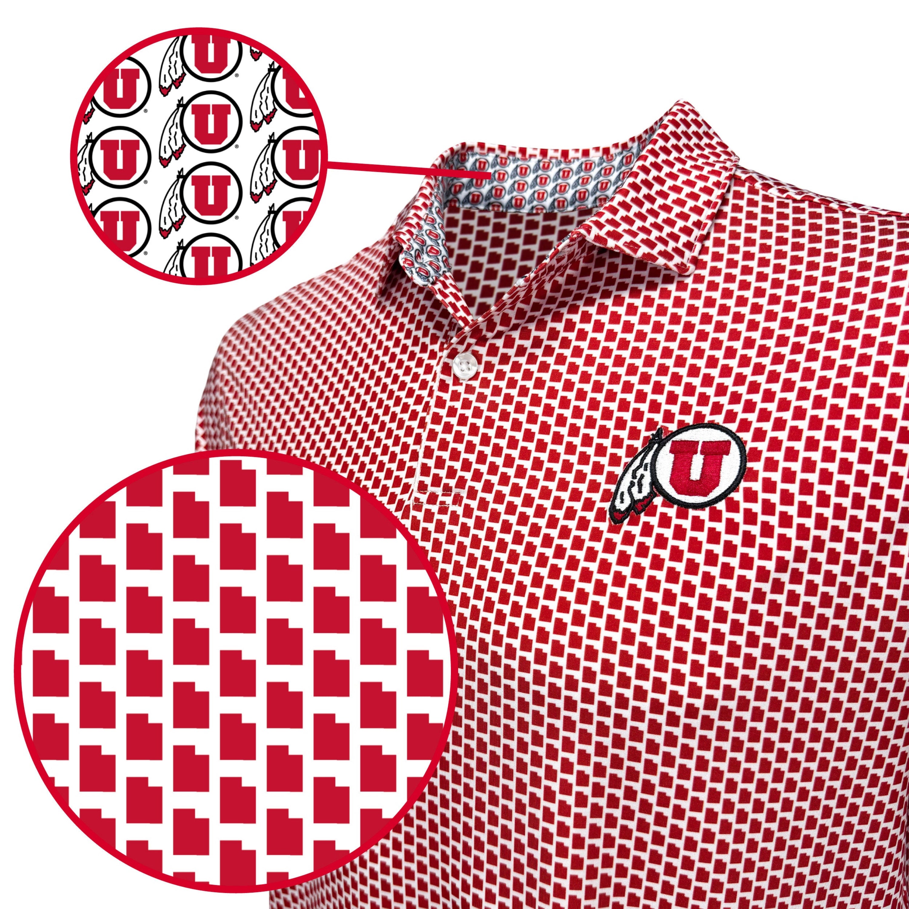 Red and white patterned short-sleeve polo shirt with a Utah Utes logo on the chest, shown with circular detail insets of the fabric pattern.