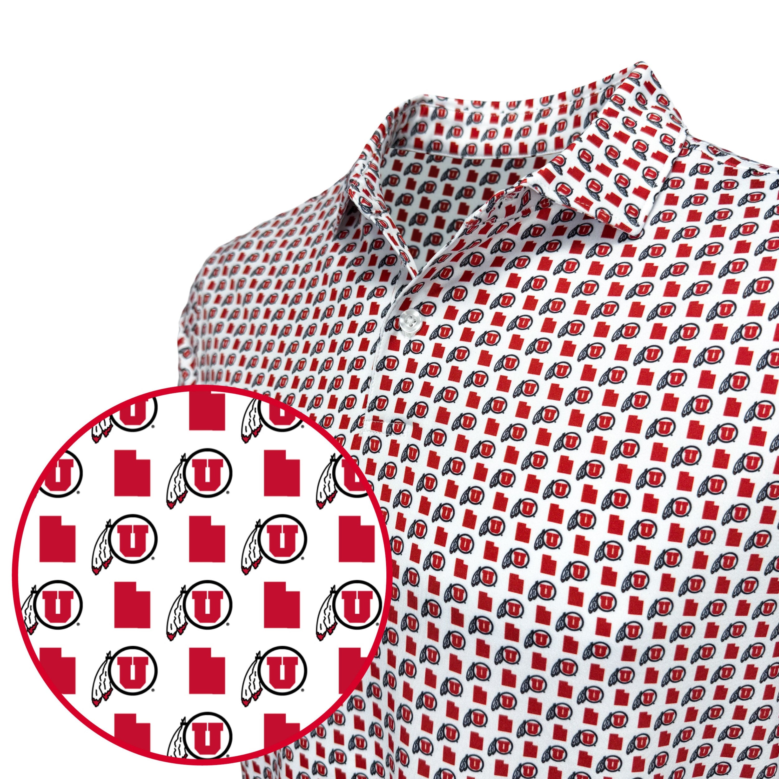Red and white patterned shirt with close-up of pattern on a white background