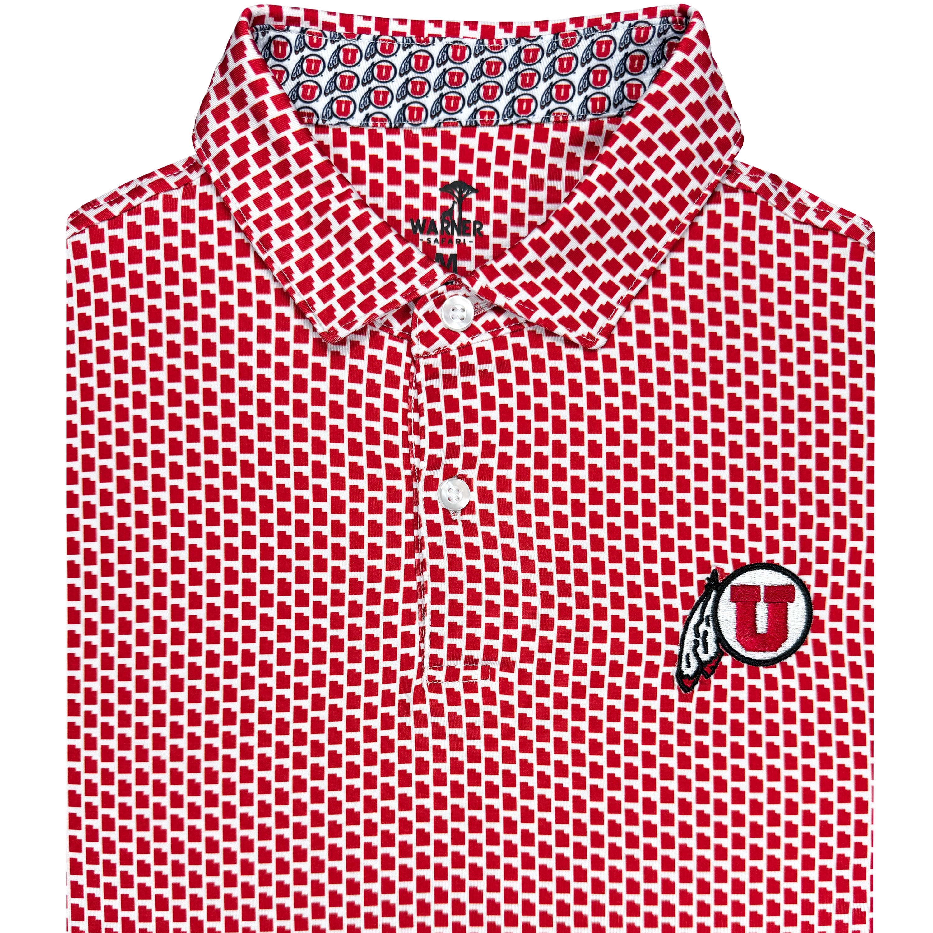A red short-sleeve polo shirt with a repeating white geometric pattern and a circular 'U' logo patch on the left chest, displayed flat against a white background.