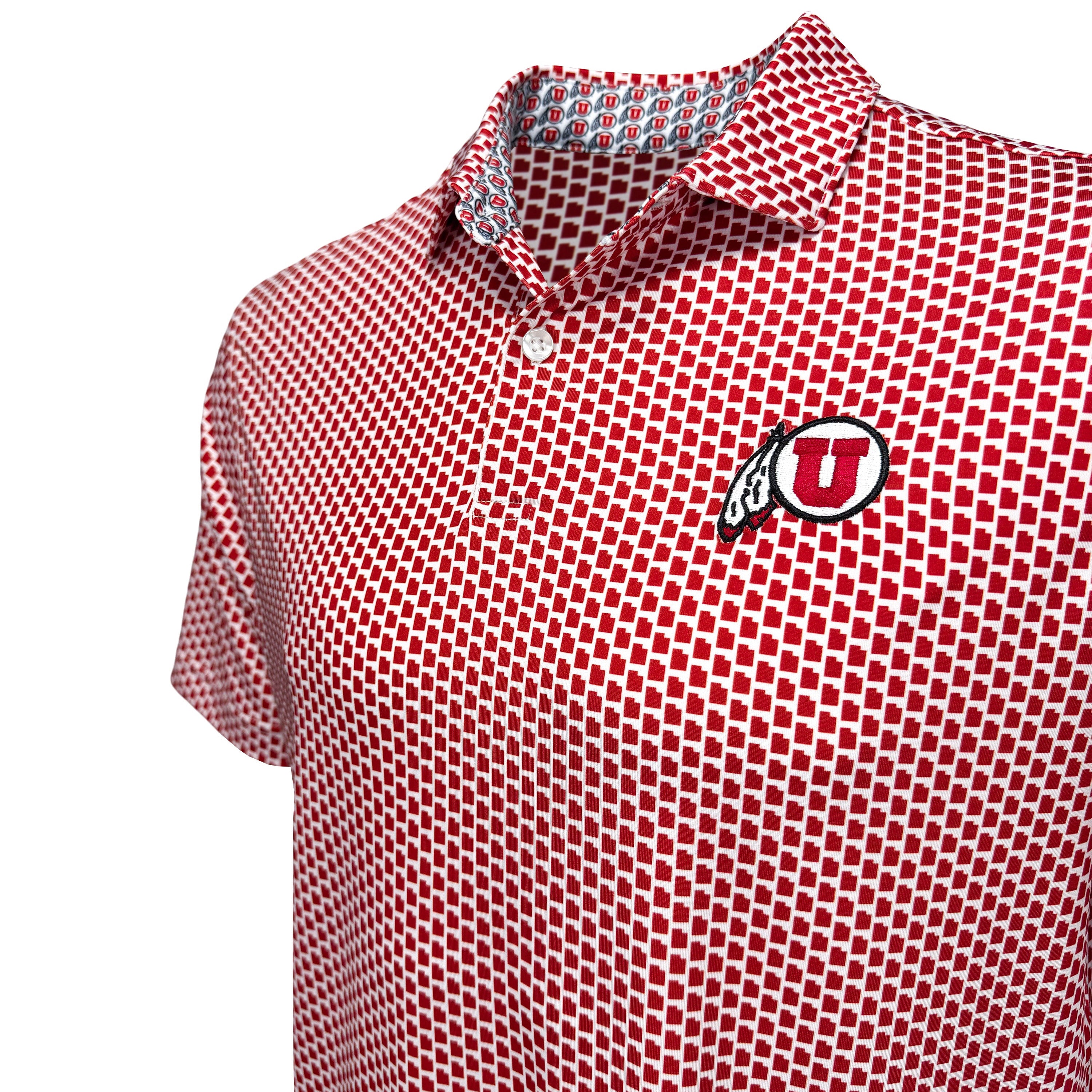 A close-up of a red and white patterned short-sleeve polo shirt with a small Utah U logo on the left chest, shown against a plain white background.