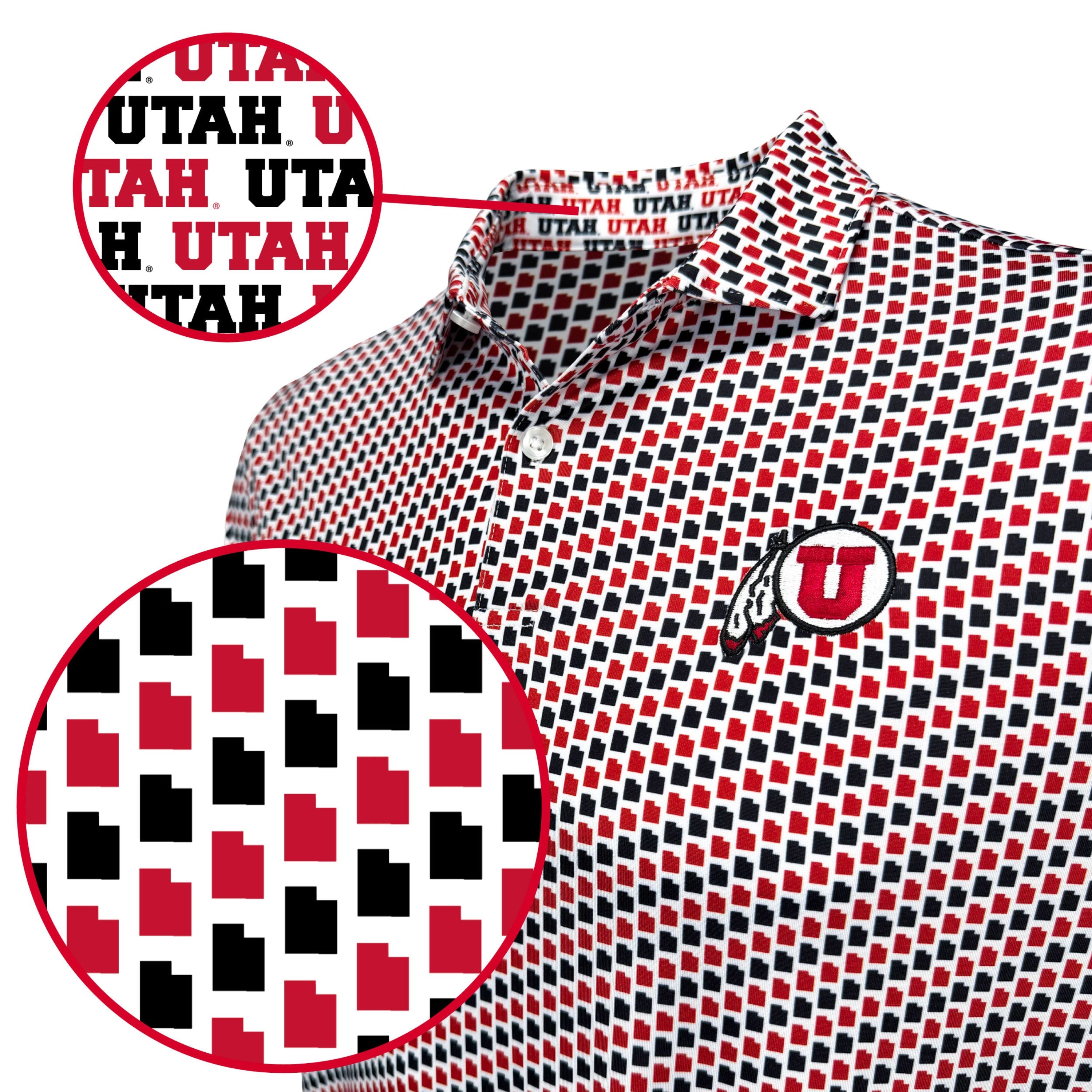 A close-up of a collared shirt with a repeating red, black, and white geometric pattern, plus a Utah U logo patch on the chest.