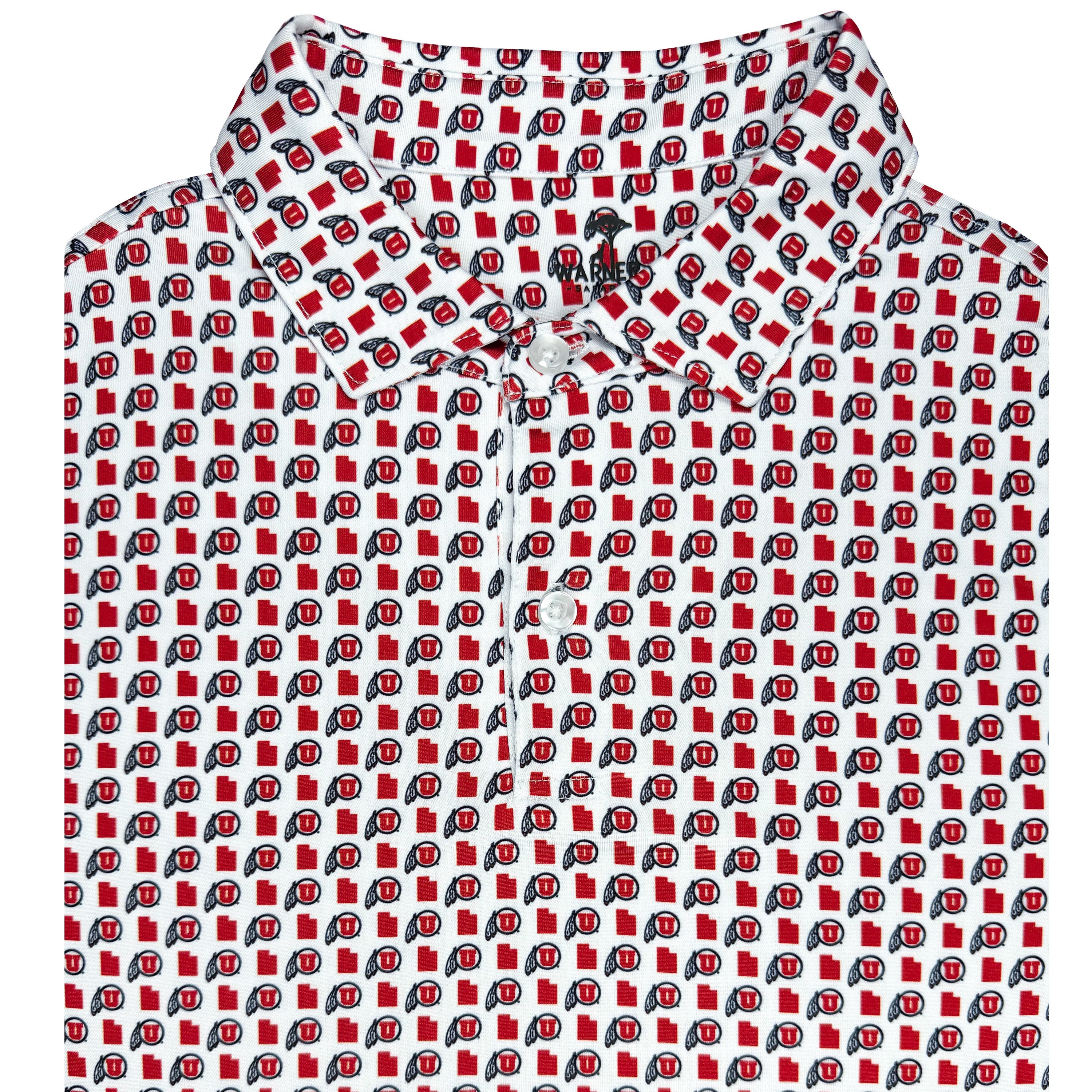 Red and black patterned shirt with a collar on a white background